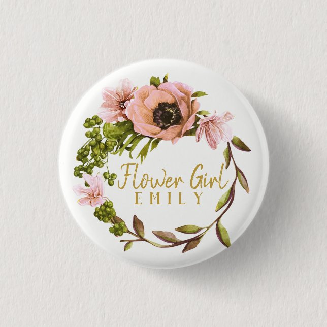 Pink Peony Wreath Flower Girl Name ID456 Pinback Button (Front)