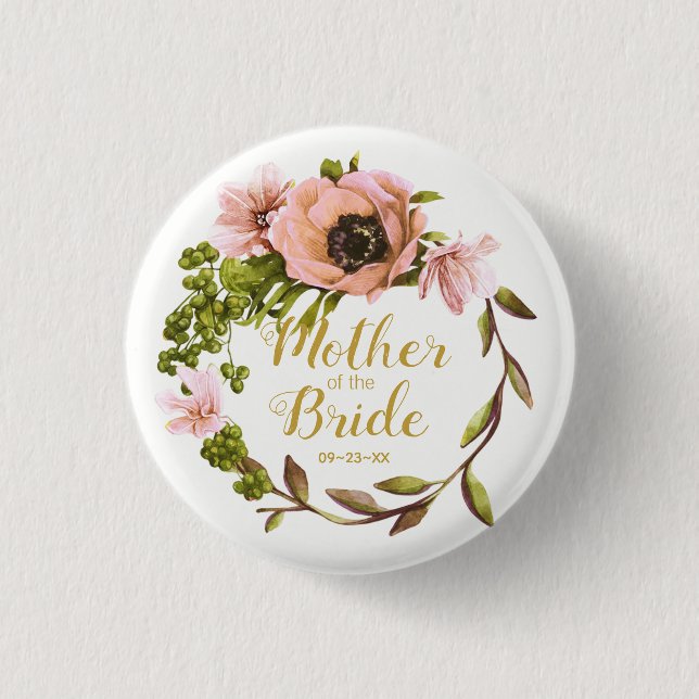 Pink Peony Wreath Mother of the Bride ID456 Button (Front)