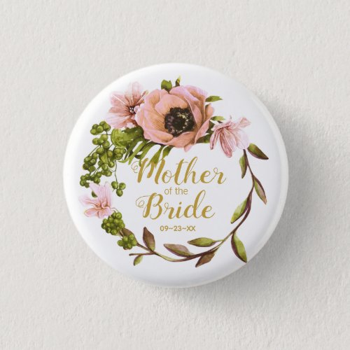 Pink Peony Wreath Mother of the Bride ID456 Button