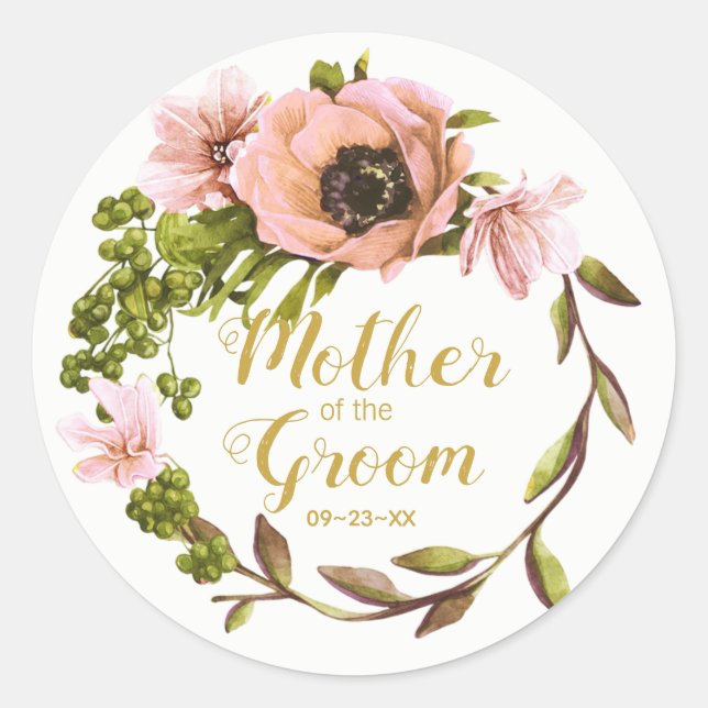 Pink Peony Wreath Mother of the Groom ID456 Classic Round Sticker (Front)