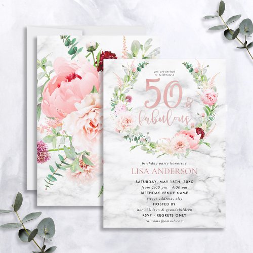 Pink Peony Wreath Rose Gold Marble 50  Fabulous Invitation