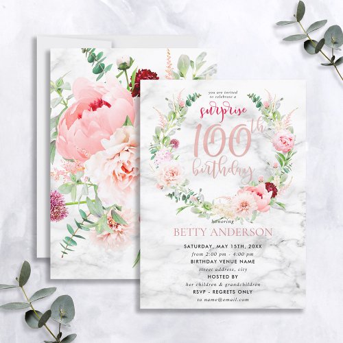 Pink Peony Wreath Rose Gold Marble Surprise 100th Invitation