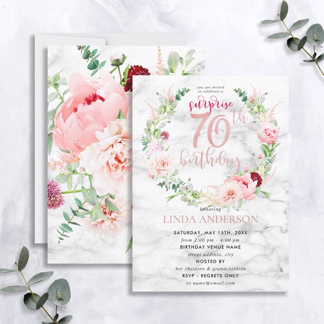 Pink Peony Wreath Rose Gold Marble Surprise 70th Invitation (Creator Uploaded)