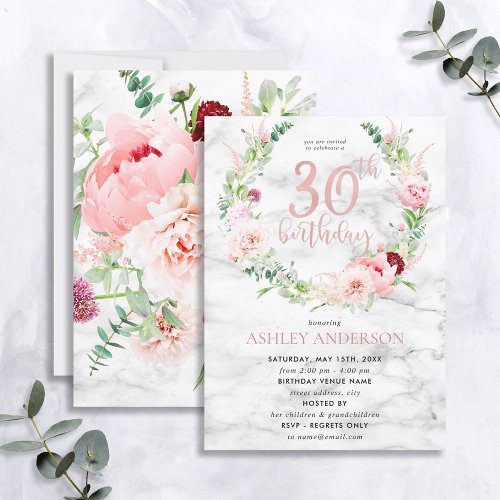 Pink Peony Wreath Rose Gold Marble Typography 30th Invitation