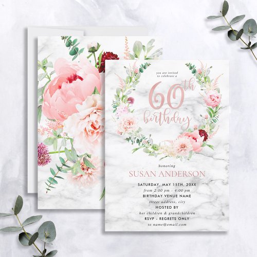 Pink Peony Wreath Rose Gold Marble Typography 60th Invitation