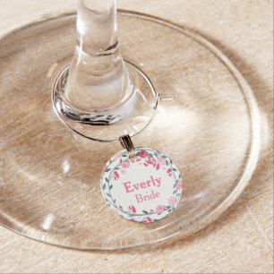 Pink Peony Wreath Wedding Party Wine Glass Charm