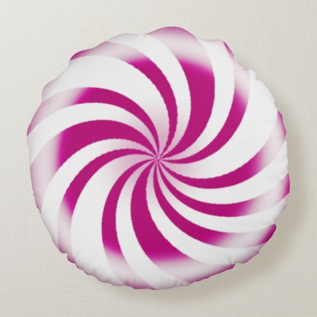 Pink Peppermint Candy Swirl Holiday Round Pillow (Back)