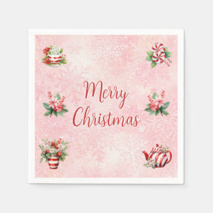 Pink Peppermint Christmas Snowflake Tea Party Napkins