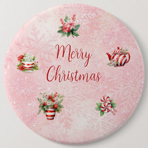 Pink Peppermint Christmas Tea Party Snowflake Button