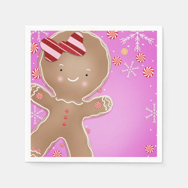 Pink Peppermint Gingerbread Cookie Holiday Party Napkins (Front)