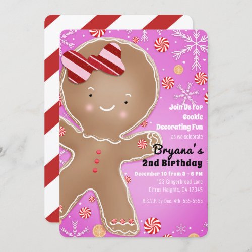 Pink Peppermint Gingerbread Man Holiday Birthday Invitation