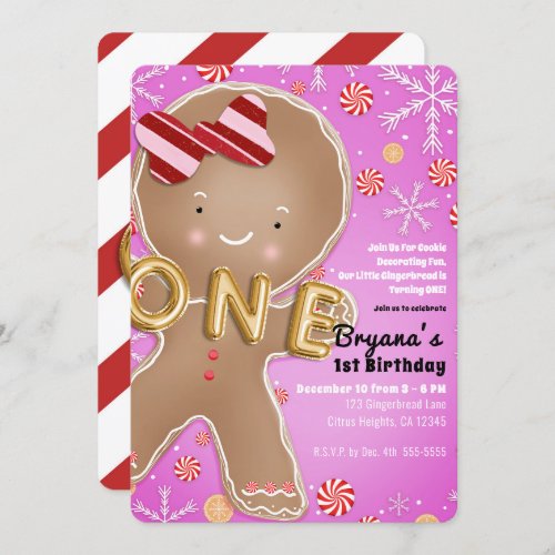 Pink Peppermint Gingerbread Man ONE 1st Birthday Invitation