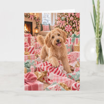 Pink Peppermint Golden Doodle Holiday Card