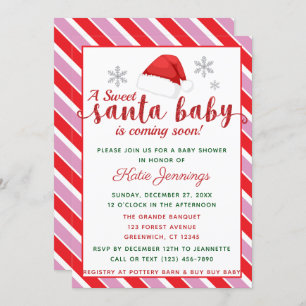 Pink Peppermint Stripe Santa Baby Shower Invitation