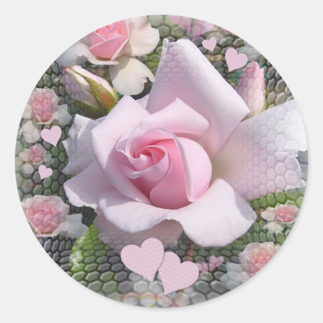 Pink Perfection, Pretty pink Rose and Hearts Classic Round Sticker (Front)