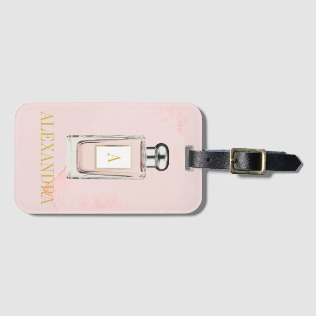 Pink Perfume Bottle Chic Monogram Personal Luggage Tag (Front Horizontal)