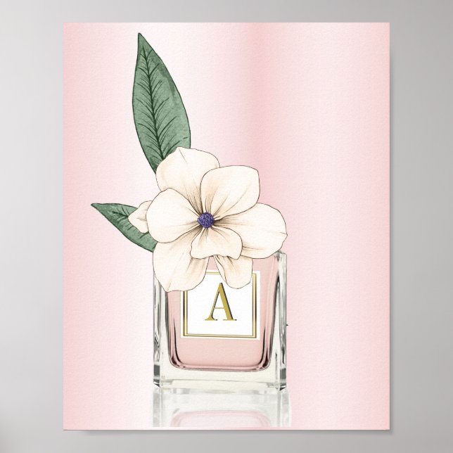 Pink Perfume Bottle Floral Magnolia  Monogram Poster (Front)