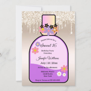 pink perfume bottle gold glitters sweet 16 party invitation