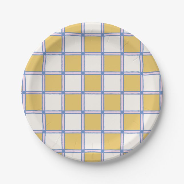 Pink, Periwinkle, and Golden Yellow Checkers Paper Plates (Front)