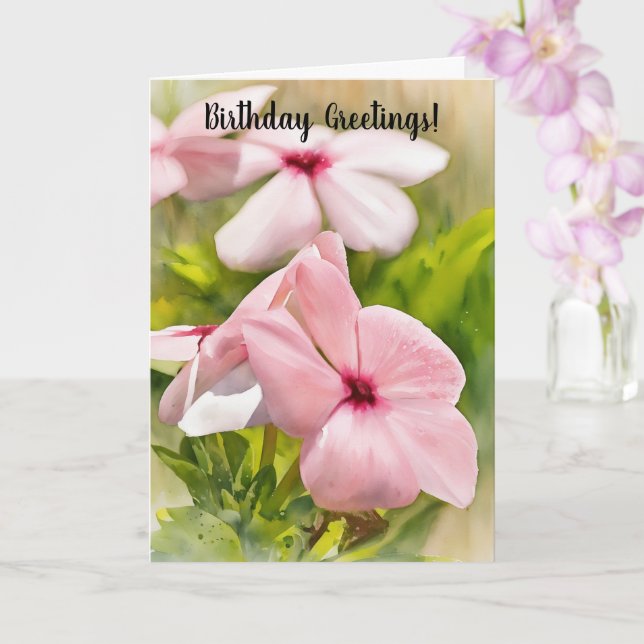 Pink Periwinkle Flowers Garden Art Birthday Card (Orchid)