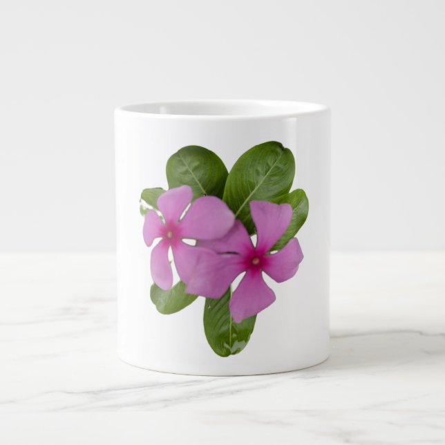 Pink Periwinkle Flowers with Green Leaves Giant Coffee Mug (Front)