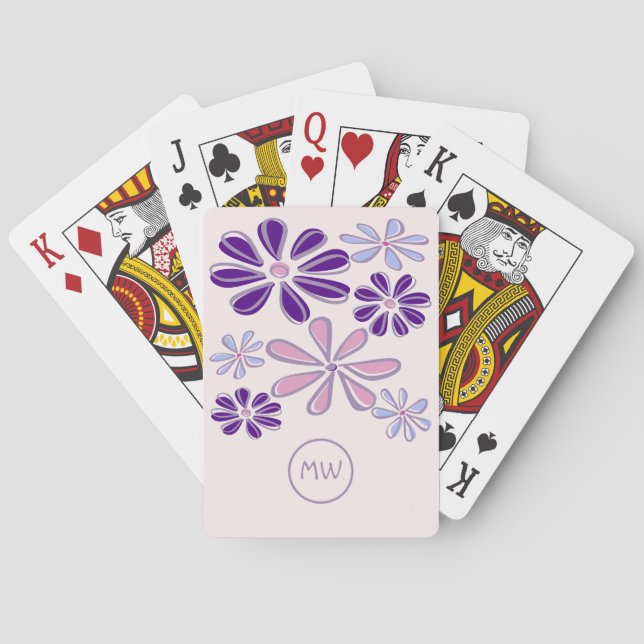 Pink Periwinkle Indigo Flower Doodle Your Initials Poker Cards (Back)
