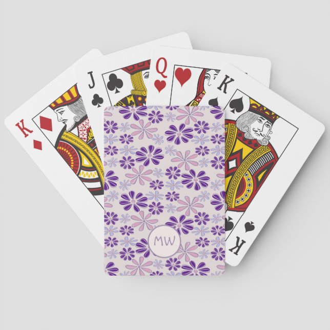 Pink Periwinkle Indigo Flower Doodle Your Initials Poker Cards (Back)