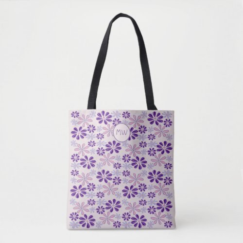 Pink Periwinkle Indigo Flower Doodle Your Initials Tote Bag