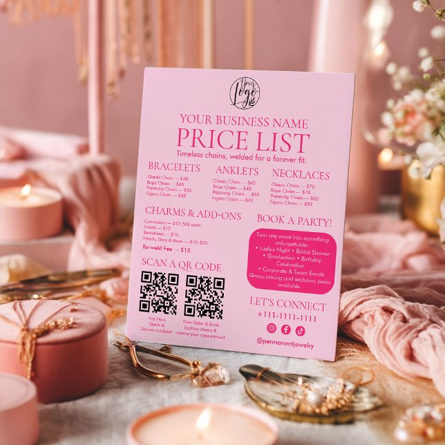 Pink Permanent Jewelry Price List QR code Menu Foam Board (Pink Permanent Jewelry Price List QR code Menu Foam Board)