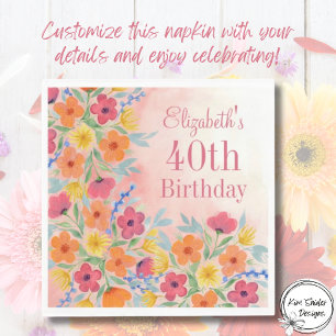 Pink Personalizable Watercolor Floral Birthday  Napkins
