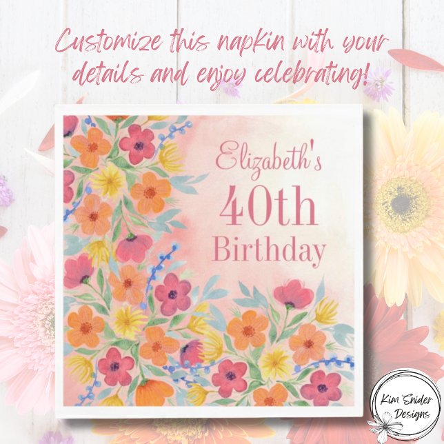 Pink Personalizable Watercolor Floral Birthday  Napkins (Creator Uploaded)