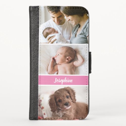 Pink Personalized 3 family baby pet photo iPhone X Wallet Case