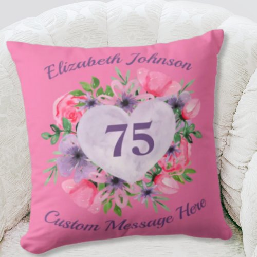 Pink Personalized 75th Birthday Pillow for Women
