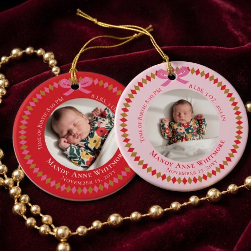 Pink Personalized Baby Birth Stat Keepsake Photo Ceramic Ornament