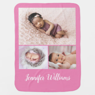 Pink Personalized Baby Girl Name & 3 Photo collage Blanket