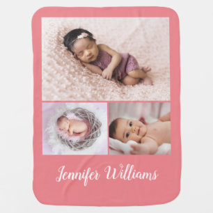 Pink Personalized Baby Girl Name & 3 Photo collage Blanket