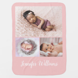 Pink Personalized Baby Girl Name & 3 Photo collage Blanket