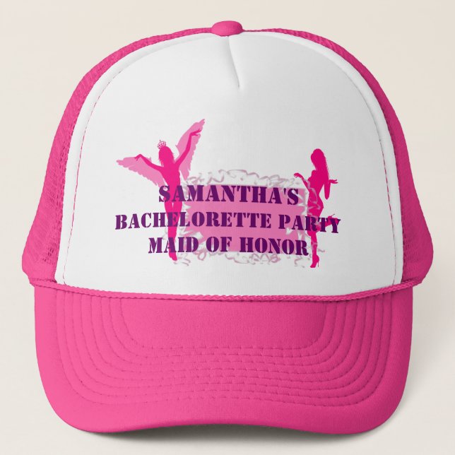 Pink personalized bachelorette party trucker hat (Front)