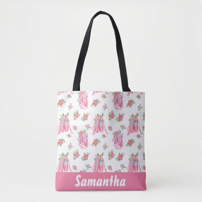 Pink Personalized Ballet Ballerina Shoes Tote Bag (Front)