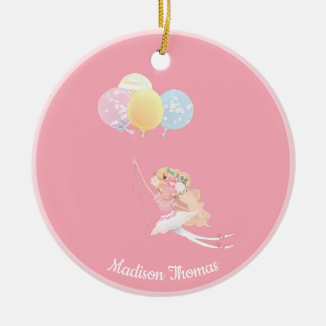  Pink Personalized Ballet Girl Balloons Ceramic Ornament (Front)