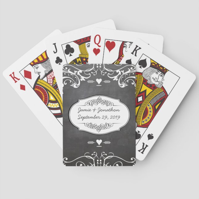 Pink Personalized Chalkboard Typography Weddings Poker Cards (Back)