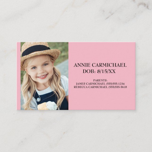 Pink Personalized Child Food Allergy Alert Business Card (Front)