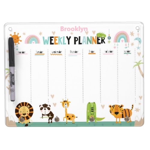 Pink Personalized Cute Wild Animal Weekly Planner Dry Erase Board With Keychain Holder