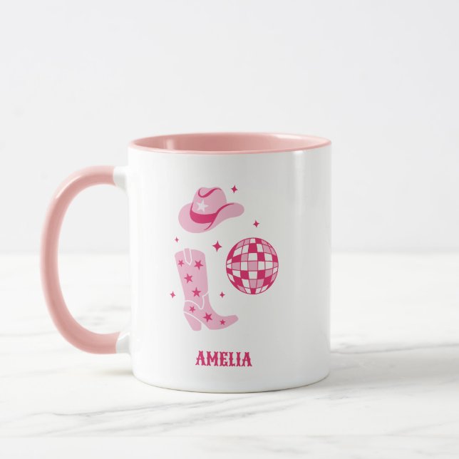 Pink Personalized Disco Cowgirl Coffee Mug (Left)