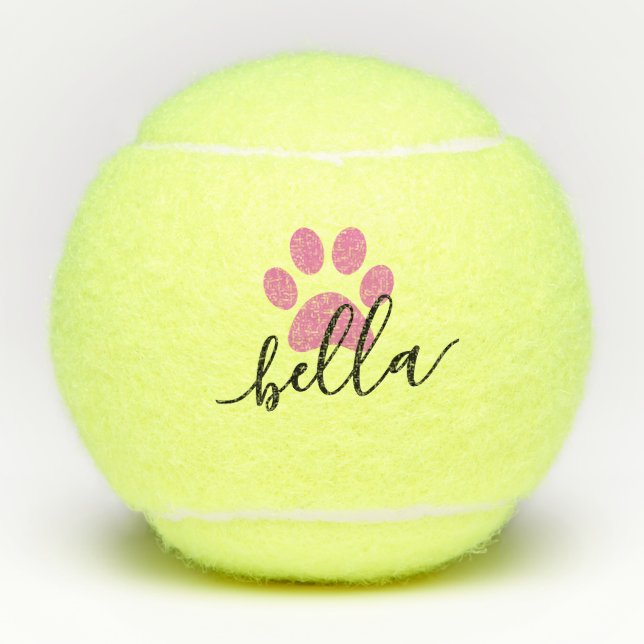 Pink Personalized Dog Name Paw Print Tennis Balls (Front)