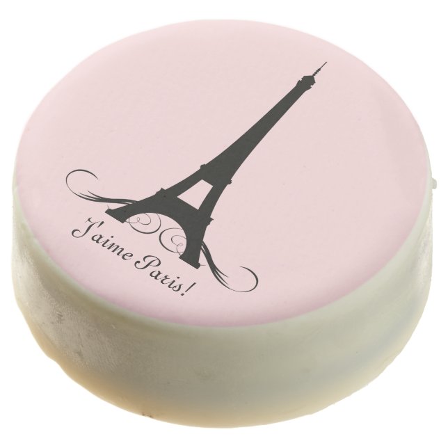 Pink Personalized Eiffel Tower J'aime Paris! Chocolate Covered Oreo (Angled)