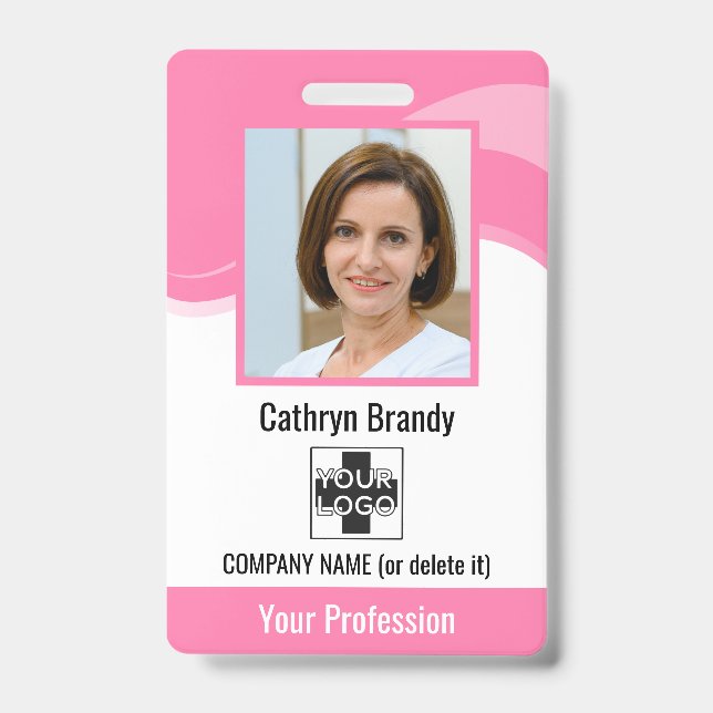 Pink Personalized Employee, Photo, Bar Code & Logo Badge (Front)