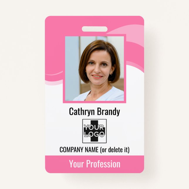 Pink Personalized Employee, Photo, Bar Code & Logo Badge (Front)