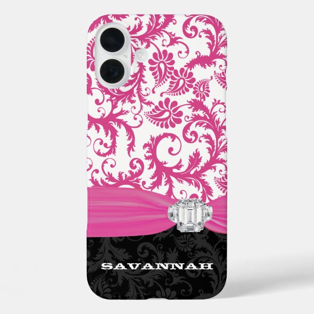 Pink Personalized Faux Rhinestone Damask iPhone Case-Mate iPhone Case (Back)