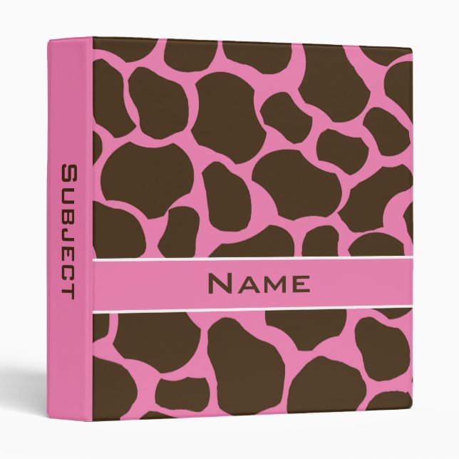 Pink Personalized Giraffe Animal Print School 3 Ring Binder (Front/Spine)